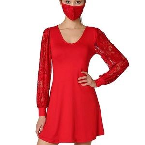 Red dress with lace sleeves and matching face mask
